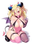  1girl bare_shoulders bikini black_bikini black_footwear blonde_hair blush breasts brown_gloves brown_legwear cleavage commentary_request demon_girl demon_horns demon_tail elbow_gloves fingerless_gloves full_body gloves hair_ribbon heart heart_cutout highres horns large_breasts long_hair looking_at_viewer mismatched_legwear navel o-ring o-ring_bikini o-ring_top onsoku_inu original parted_lips pink_legwear pointy_ears red_eyes red_ribbon ribbon seiza shoes simple_background sitting smile solo stomach succubus swimsuit tail thighhighs white_background 