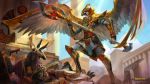  1boy absurdres armor bird blue_eyes bracelet copyright_name egypt egyptian falcon feathered_wings furry gaston_aguilera gloves glowing glowing_eyes helmet highres horus_(smite) jewelry official_art polearm red_eyes rock sky smite solo spear weapon wings 