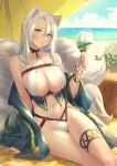  1girl afk_arena animal_ears anklet aqua_eyes arm_support bare_shoulders bikini breasts choker cleavage coat cup drinking_glass fox_ears fox_girl fox_tail grin groin highleg highleg_bikini holding holding_cup jewelry kitsune large_breasts long_hair looking_at_viewer mature mole mole_under_eye multiple_tails nail_polish off_shoulder official_art open_clothes open_coat popqn rope silver_hair sitting smile solo swimsuit tail thighs white_bikini wine_glass 