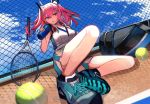  1girl azur_lane ball bangs bare_shoulders blue_footwear bottle breasts bremerton_(azur_lane) bremerton_(scorching-hot_training)_(azur_lane) chain-link_fence fence hair_between_eyes hair_ornament hairclip highres holding holding_bottle long_hair looking_at_viewer mole mole_under_eye multicolored_hair pink_eyes pink_hair racket sitting solo sportswear streaked_hair sweatdrop tarbo_(exxxpiation) tennis_ball tennis_court tennis_racket tennis_racket_case tennis_uniform twintails two-tone_shirt two-tone_skirt water_bottle x_hair_ornament 