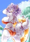  2020 anthro big_breasts bikini breasts butt canid canine clothing cloud day eyes_closed female fox fur inner_tube kemono mammal outside setouchi_kurage side_boob sky solo swimwear white_body white_fur 