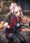  1girl apron bangs blurry blurry_background blush breasts character_name commentary demon_girl demon_horns demon_tail feet_out_of_frame food helltaker highres holding holding_plate horns in_mouth indoors large_breasts long_hair long_sleeves looking_at_viewer lucifer_(helltaker) md5_mismatch mole mole_under_eye mouth_hold pancake plate ponytail pot red_eyes red_shirt renze_l shirt sitting smile solo spoon stairs tail white_hair white_horns 