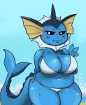  anthro anthrofied beach belly big_breasts bikini bikini_bottom bikini_top blush breasts clothing curvy_figure eeveelution female fin grinn hi_res nintendo overweight pinup pok&eacute;mon pok&eacute;mon_(species) pok&eacute;morph pose seaside sky solo swimwear thick_thighs vaporeon video_games wet 