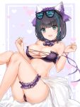  1girl absurdres animal_ears ass azur_lane bangs bare_shoulders bikini black_hair blue_ribbon breasts cheshire_(azur_lane) cheshire_(summery_date!)_(azur_lane) choker cleavage collarbone commentary_request eyebrows_visible_through_hair fake_animal_ears fang feet_out_of_frame frills hands_up highres knees_up large_breasts leg_garter looking_at_viewer multicolored_hair nail_polish pink_ribbon purple_bikini ribbon short_hair sitting smile solo swimsuit thigh_strap yukineko1018 
