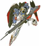  floating green_eyes gun gundam highres holding holding_gun holding_weapon looking_down mecha ningen_plamo no_humans redesign solo v-fin weapon white_background zeta_gundam zeta_gundam_(mobile_suit) 