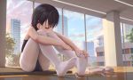  1girl athletic_leotard ballet_slippers bangs bare_arms bare_shoulders black_hair blue_sky building cityscape closed_eyes cloud commentary_request day eyebrows_visible_through_hair gym hair_ornament hairpin highres himitsu_(hi_mi_tsu_2) indoors knees_up leg_hug leotard no_shoes original pantyhose short_hair sitting sky skyscraper slippers_removed soles solo sunlight thighband_pantyhose toes tree twitter_username white_legwear window 