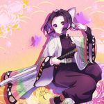  1girl amagasa_nadame bangs belt belt_buckle black_hair black_jacket black_pants blush breasts buckle butterfly_hair_ornament commentary_request floral_background forehead hair_ornament hand_up highres holding holding_sword holding_weapon jacket katana kimetsu_no_yaiba kochou_shinobu long_sleeves multicolored_hair open_clothes pants parted_bangs parted_lips purple_eyes purple_hair sandals sheath sheathed signature small_breasts smile solo sword two-tone_hair weapon white_belt white_footwear wide_sleeves 