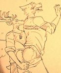  2020 anthro antlers beastars blush bodily_fluids bottomwear butt canid canine canis cervid cervine clothed clothing duo exposed_butt fur horn legoshi_(beastars) louis_(beastars) male male/male mammal mischievous pants pants_down partially_clothed red_deer shirt sweat topwear traditional_media_(artwork) wolf wuffinarts 