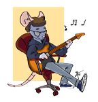  2018 anthro chair clothed clothing eyes_closed eyewear fully_clothed furniture glasses guitar hair male mammal murid murine musical_instrument musical_note playing_guitar playing_music plucked_string_instrument rat rodent simple_background sitting solo string_instrument thelivingtrashcan 