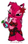  2007 4_fingers alien antennae_(anatomy) bendy_straw claws clothed clothing disney dress experiment_(lilo_and_stitch) fan_character female female_(lore) fingers flower fur holding_cup holding_object lilo_and_stitch lorey_(miriamthebat) low_res miriamthebat no_sclera pink_body pink_fur pink_inner_ear pink_nose plant semi-anthro simple_background small_ears straw toe_claws white_background 