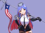 1girl american_flag bangs black_gloves black_neckwear blue_hair breasts commentary_request elbow_gloves eyebrows_visible_through_hair flag gloves grin hand_on_hip headgear kantai_collection large_breasts long_hair multicolored_hair navel necktie red_hair shirt simple_background smile solo south_dakota_(kantai_collection) star_(symbol) vest white_hair white_shirt yellow_eyes yoshino_ns 