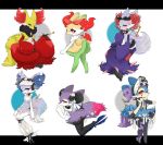  6+girls alternate_color alternate_shiny_pokemon animal_ear_fluff animal_ears black_bow black_flower black_gloves black_ribbon black_skirt blue_ribbon blush bonnet bow braixen bun_cover claws closed_mouth clothed_pokemon commentary_request corset_piercing delphox detached_collar double_bun ear_piercing eyeshadow flat_chest flower fork fox_ears fox_tail frilled_skirt frills from_behind full_body fur_trim furry gen_6_pokemon gloves glowing glowing_eyes hair_bow hair_flower hair_ornament hair_ribbon half-closed_eyes hand_up happy highres holding indian_style jpeg_artifacts legs_together letterboxed looking_at_viewer looking_back makeup microskirt multiple_girls orange_eyeshadow paws piercing pink_bow pipe pokemon pokemon_(creature) purple_ribbon red_bow red_eyes ribbon romeo_(romeo_pic) rose see-through shiny_pokemon simple_background sitting skirt smile standing star_(symbol) starfish_hair_ornament stick tail teardrop_tattoo topless white_background white_bow white_flower white_legwear white_ribbon white_rose zipper zipper_pull_tab 