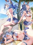  1girl against_railing animal_ears aqua_hair bare_shoulders barefoot beach bikini bikini_bottom_pull blush choker closed_eyes eyebrows_visible_through_hair ferry_(granblue_fantasy) flower frilled_bikini frills granblue_fantasy groin hair_flower hair_ornament lying miazi navel ocean on_side open_mouth palm_tree ponytail sand solo swimsuit thigh_strap tree wavy_hair 