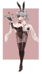  1girl animal_ears black_gloves black_legwear black_leotard border bow bowtie breasts brown_background bunny_ears bunnysuit cleavage commentary_request cup detached_collar drinking_glass elbow_gloves eyepatch feather_boa gloves highres kujira_lorant large_breasts leotard long_hair looking_at_viewer orange_eyes original pantyhose ponytail red_neckwear sidelocks silver_hair solo strapless strapless_leotard thighhighs tray two-tone_background white_border wine_glass wrist_cuffs 
