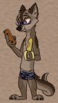  2020 anthro banana barefoot black_nose brown_background brown_body brown_fur canid canine canis cellphone chest_tuft claws clothed clothing coyote eating eyewear food fruit fur fusion glasses hi_res holding_cellphone holding_food holding_object holding_phone hybrid inner_ear_fluff lutrine male mammal moses_(samur_shalem) mustelid otterly_(character) phone plant purple_eyes simple_background solo standing theblueberrycarrots toe_claws topless tuft whiskers 