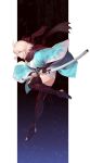  1girl absurdres ahoge bow commentary_request fate/grand_order fate_(series) full_body hair_bow highres holding holding_sword holding_weapon japanese_clothes katana kimono koha-ace long_sleeves medium_hair nakamura_eight okita_souji_(fate) okita_souji_(fate)_(all) pink_hair scarf skirt solo sword thighhighs weapon yellow_eyes 