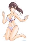  1girl absurdres artist_name barefoot bikini breasts brown_eyes brown_hair cleavage commentary_request front-tie_top full_body highres kaga_(kantai_collection) kantai_collection large_breasts long_hair looking_at_viewer remodel_(kantai_collection) side_ponytail skypixter solo swimsuit white_bikini 