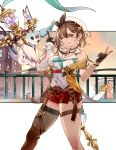  1girl animal_ears atelier_(series) atelier_ryza atelier_ryza_2 bare_shoulders belt bracelet breasts brown_belt brown_eyes brown_gloves brown_hair earrings gloves highres jewelry key_necklace large_breasts leather_belt mizukiyan one_eye_closed red_shorts reisalin_stout short_shorts shorts single_thighhigh sleeveless staff thick_thighs thigh_pouch thigh_strap thighhighs thighs 