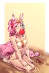  1girl animal_ears apple bare_arms bare_legs bare_shoulders bikini blush breasts choker cleavage collarbone commentary copyright_request cornelia crab curly_hair d-rex food food_in_mouth fruit hands_on_own_thighs highres horse_ears horse_tail long_hair looking_at_viewer medium_breasts navel o-ring o-ring_bikini o-ring_bottom pink_hair ponytail sand seiza sidelocks sitting solo sparkle stomach swimsuit tail transparent_background unicorn_girl wavy_hair yellow_background 