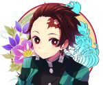  1boy amagasa_nadame black_jacket brown_hair checkered closed_mouth commentary_request earrings facial_scar floral_background forehead forehead_scar highres jacket jewelry kamado_tanjirou kimetsu_no_yaiba looking_at_viewer male_focus open_clothes red_eyes scar signature smile solo upper_body white_background 