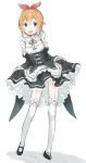  1girl :d black_footwear blonde_hair commentary detached_sleeves eyebrows_visible_through_hair frills full_body garter_straps green_eyes hair_ribbon highres kokekokko_coma looking_at_viewer maid open_mouth petra_leyte re:zero_kara_hajimeru_isekai_seikatsu red_ribbon ribbon roswaal_mansion_maid_uniform shoes short_hair simple_background skirt_hold smile solo thighhighs white_background white_garter_straps white_legwear 