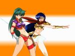  2girls arm_behind_back arm_strap armor armpits asou_yuuko bikini bikini_armor bikini_bottom bikini_top blue_eyes blue_hair breasts cleavage crop_top crossover gem gloves gold_armor green_eyes green_hair hand_on_hip highres holster legs_apart long_hair midriff miniskirt mugen_senshi_valis multiple_girls navel okuda_yasumitsu open_mouth outstretched_arms panties pauldrons purple_shirt red_bikini red_scarf red_shirt reika_(time_gal) scarf see-through shirt shoulder_armor skirt sleeveless sleeveless_shirt swimsuit sword thigh_strap thighs time_gal two-tone_shirt underwear vambraces weapon white_gloves white_panties white_skirt 