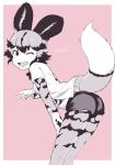  1girl ;d african_wild_dog_(kemono_friends) african_wild_dog_print animal_ears animal_print arm_support ass bangs border commentary_request dog_ears dog_girl dog_tail extra_ears eyebrows_visible_through_hair from_side hand_up highres kemono_friends leaning_forward legwear_under_shorts long_sleeves looking_at_viewer looking_to_the_side masuyama_ryou midriff_peek multicolored_hair one_eye_closed open_clothes open_mouth open_shirt outstretched_arm pantyhose print_legwear print_shirt shirt short_hair short_over_long_sleeves short_sleeves shorts sidelocks smile solo standing stomach tail undershirt v 