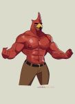  anthro avian belt biceps bottomwear clothed clothing feather_hair feathers flexing hi_res looking_at_viewer male modern_bird muscular nipples pants presenting pseudo_hair solo topless 