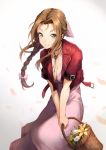  1girl aerith_gainsborough bow braid braided_ponytail breasts brown_hair c: cleavage closed_mouth collarbone dress final_fantasy final_fantasy_vii floating_hair green_eyes hair_bow hair_intakes highres holding holding_clothes holding_jacket igiita_(zmkt3747) jacket jewelry long_hair looking_at_viewer medium_breasts necklace open_clothes open_jacket pink_bow pink_dress ponytail red_jacket shiny shiny_hair short_sleeves simple_background smile solo standing very_long_hair white_background 