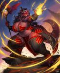  anthro breasts dragon elemental_manipulation female fire fire_manipulation hair hi_res ocaritna skarlett_cynder sky solo staff wingless_dragon 