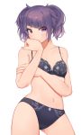  1girl absurdres akinoji_(akiponpon27) bangs blush bra cameltoe diagonal_bangs hand_on_own_face highres idolmaster idolmaster_shiny_colors lingerie looking_at_viewer navel panties purple_eyes purple_hair short_twintails simple_background solo tanaka_mamimi twintails underwear underwear_only 