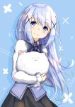  1girl angora_rabbit animal animal_hug bangs black_skirt blue_background blue_eyes blue_hair blue_ribbon blue_vest blush bunny closed_mouth collared_shirt commentary_request demimushi dress_shirt eyebrows_visible_through_hair gochuumon_wa_usagi_desu_ka? hair_between_eyes hair_ornament head_tilt highres kafuu_chino long_hair neck_ribbon pleated_skirt polka_dot rabbit_house_uniform ribbon shirt skirt smile tippy_(gochiusa) uniform very_long_hair vest waitress white_shirt x_hair_ornament 