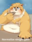  2020 3:4 anthro belly blue_eyes blush brown_body brown_fur canid canine canis domestic_dog eating english_text fur hi_res kemono male mammal obese overweight paws qqmelon888 solo text 