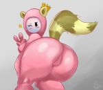  blush butt clothing crown curvy_figure ears_up fall_guys female grinn hi_res humanoid one_eye_closed queen raised_tail royalty rubber rubber_suit solo thick_thighs wide_hips wink 