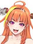  1girl ahoge bangs bare_shoulders close-up collarbone dragon_girl dragon_horns eyebrows_visible_through_hair fangs highres hololive horns kiryuu_coco open_mouth orange_hair pointy_ears purple_eyes solo terumin_(yuganda_sebone) v-shaped_eyebrows 