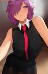  1girl bangs bare_shoulders black_dress black_legwear blush breasts dress fate/grand_order fate_(series) hair_over_one_eye highres kisou large_breasts leaning_forward looking_at_viewer mash_kyrielight necktie pantyhose parted_lips purple_eyes purple_hair red_neckwear short_hair sleeveless sleeveless_dress 