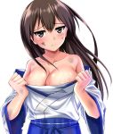  1girl absurdres blue_hakama breasts brown_eyes brown_hair cleavage commentary_request dirty hakama hakama_skirt highres japanese_clothes kaga_(kantai_collection) kantai_collection large_breasts long_hair looking_at_viewer off_shoulder simple_background solo torn_clothes upper_body white_background zanntetu 