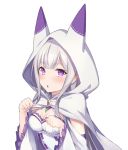  1girl absurdres animal_ears bangs breasts cape chestnut_mouth cleavage echiru39 emilia_(re:zero) fake_animal_ears frilled_sleeves frills highres hood hood_up hooded long_sleeves medium_breasts pointy_ears purple_eyes re:zero_kara_hajimeru_isekai_seikatsu simple_background solo upper_body white_background white_cape white_sleeves 