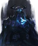  1boy armor black_armor black_horns blue_eyes blue_fire burning fate/grand_order fate_(series) fire flame flaming_eye glowing glowing_eyes horns king_hassan_(fate/grand_order) looking_at_viewer male_focus simple_background skull skull_mask solo spikes upper_body yomichi_(yomi888) 