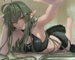  1girl ahoge arknights armpits bangs bare_arms bare_shoulders blush breasts cleavage gavial_(arknights) green_hair grin hair_between_eyes hair_ornament hairclip highres leg_up long_hair looking_at_viewer lying noccu on_floor on_stomach pointy_ears shorts smile solo tank_top teeth very_long_hair x_hair_ornament yellow_eyes 