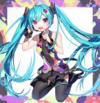  1girl :d ahoge bangs bare_shoulders black_legwear black_skirt blue_hair blue_nails collared_shirt commentary dated eyebrows_visible_through_hair full_body gunjou_row hair_between_eyes hair_ornament hands_up hatsune_miku headphones headset long_hair looking_at_viewer nail_polish open_mouth pleated_skirt purple_eyes shirt skirt sleeveless sleeveless_shirt smile solo tell_your_world_(vocaloid) thighhighs twintails twitter_username very_long_hair vocaloid white_background wrist_cuffs 