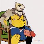  1:1 anthro avian big_penis bird boxers_(clothing) clothed clothing genitals hi_res hyper hyper_genitalia looking_at_viewer male modern_bird penis sitting solo topless underwear 
