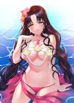  1girl arm_support ass_visible_through_thighs bangs bare_shoulders bikini black_hair blush braid breasts chest_tattoo collarbone commentary_request cowboy_shot eyebrows_behind_hair facial_mark fate/grand_order fate_(series) flower forehead_mark groin hair_flower hair_ornament hand_up highres jewelry large_breasts light_smile long_hair looking_at_viewer midriff mismatched_bikini multicolored_hair navel necklace parted_bangs pearl_necklace picter pink_bikini pink_hair pink_nails pink_sarong sarong seashell seashell_necklace sesshouin_kiara sesshouin_kiara_(swimsuit_mooncancer)_(fate) shell sidelocks sitting solo streaked_hair swimsuit tattoo twin_braids underboob very_long_hair water wavy_hair white_bikini yellow_eyes 