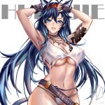  1girl animal_ears antenna_hair arknights armpits arms_up artist_name bangs bare_arms bare_shoulders bikini black_gloves blaze_(arknights) blue_eyes blue_hair breasts cat_ears cat_tail cleavage commentary eyebrows_visible_through_hair fingerless_gloves gloves hair_between_eyes hairband highres hui_z_jie jewelry large_breasts long_hair looking_at_viewer navel necklace parted_lips red_hairband simple_background solo stomach swimsuit tail underboob upper_body very_long_hair white_background white_bikini 