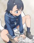  2girls black_footwear black_hair blue_eyes blue_panties blue_sailor_collar blue_serafuku blush character_request eyebrows_visible_through_hair grey_serafuku haruyama_kazunori hodaka_natsumi houkago_teibou_nisshi long_sleeves looking_to_the_side multiple_girls panties sailor_collar school_uniform serafuku shoes short_hair sitting socks striped striped_panties underwear white_panties 