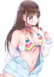  1girl :p absurdres bangs bikini bikini_top blue_choker breasts brown_hair candy choker collarbone commentary_request food highres holding holding_candy holding_food holding_lollipop idolmaster idolmaster_shiny_colors lollipop long_hair looking_away medium_breasts multicolored multicolored_bikini multicolored_clothes nail_polish navel red_eyes simple_background solo sonoda_chiyoko swimsuit tongue tongue_out tutinako white_background 