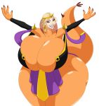  big_breasts breast_expansion breasts cleavage clothed clothing dragon expansion female hi_res huge_breasts human humanoid hybrid ludmilla_(bartok) mammal orange_body orange_scales scales solo straining_clothing thick_tail thick_thighs transformation unknown_artist wide_hips 