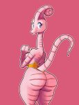  absurd_res anthro big_breasts big_butt bikini_thong breasts butt clothing dinosaur female hi_res looking_back one-piece_swimsuit pink_background pink_body raised_tail reptile scalie simple_background smile solo swimwear tansau 