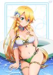  1girl bangs bare_shoulders bikini blonde_hair blue_flower blush braid breasts cleavage collarbone commentary_request eyebrows_visible_through_hair flower front-tie_top green_bikini green_eyes hair_flower hair_ornament hand_on_own_chest head_tilt highres innertube ken-ji large_breasts leafa long_hair looking_at_viewer pointy_ears ponytail side-tie_bikini sitting smile solo swimsuit sword_art_online thigh_strap twin_braids water white_bikini white_flower 