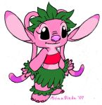  2007 4_fingers 5_fingers alien angel_(lilo_and_stitch) antennae_(anatomy) black_eyes bra claws clothed clothing disney experiment_(lilo_and_stitch) eyelashes female fingers grass_skirt hula leaf_crown lilo_and_stitch long_antennae long_ears miriamthebat pink_body pink_inner_ear simple_background smile solo toe_claws tube_top underwear white_background 